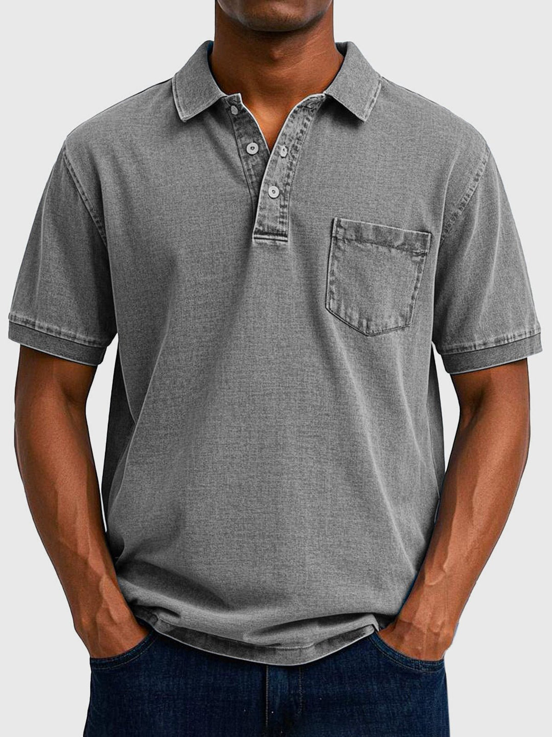 Men's Denim Wash Cotton Short Sleeve Polo Detail