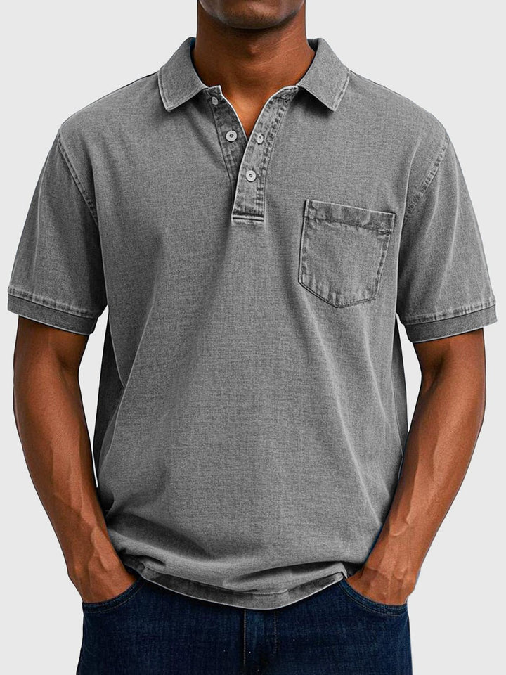Men's Denim Wash Cotton Short Sleeve Polo Detail