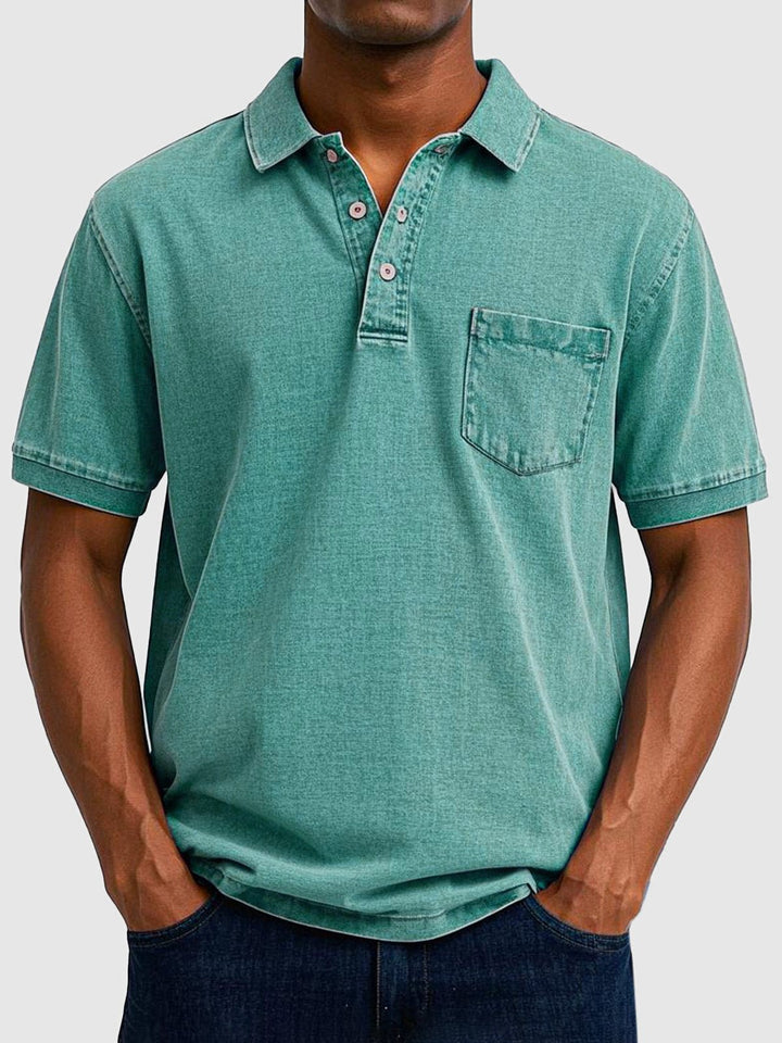 Men's Denim Wash Cotton Short Sleeve Polo Front