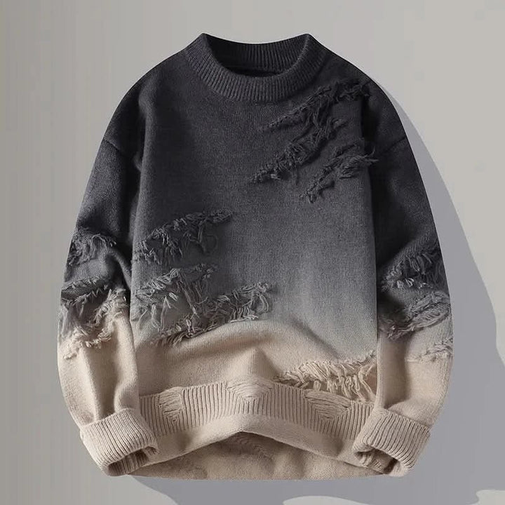 Men's Distressed Sweater | Fringe Texture Streetwear Pullover Detail