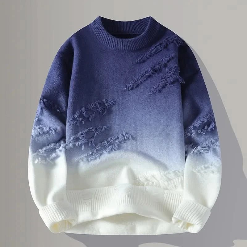 Men's Distressed Sweater | Fringe Texture Streetwear Pullover Front
