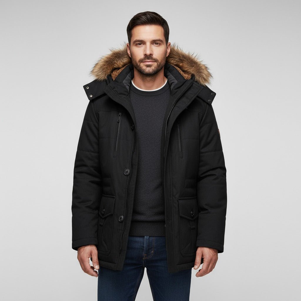 Men's Fur Hooded Winter Parka | Relaxed Fit Layering Coat Back