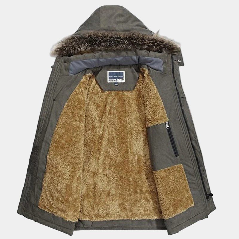 Men's Fur Hooded Winter Parka | Relaxed Fit Layering Coat Close Up
