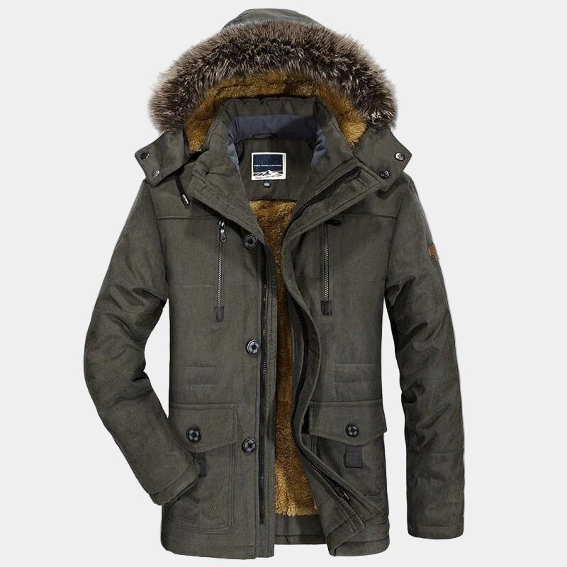 Men's Fur Hooded Winter Parka | Relaxed Fit Layering Coat Detail
