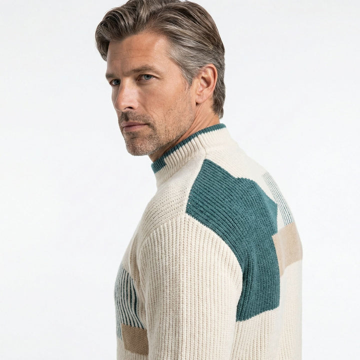 Men's Geometric Panel Premium Sweater | Color Block Relaxed Fit Front