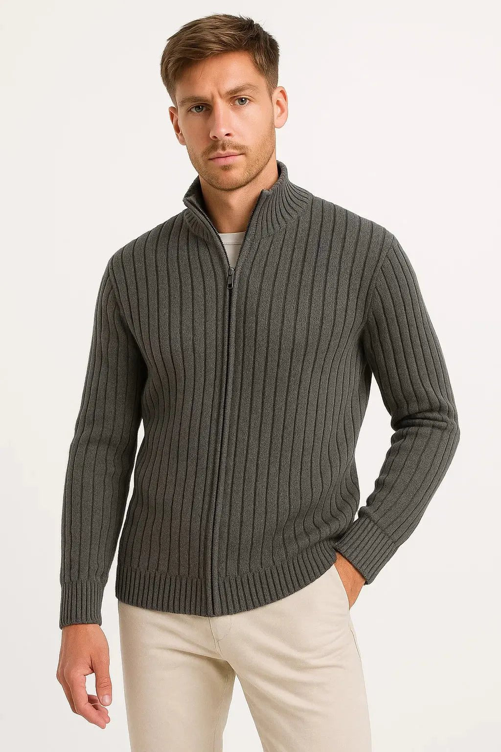 Men's Grey Ribbed Knit Cardigan | Zip Collar Lightweight Layer Detail