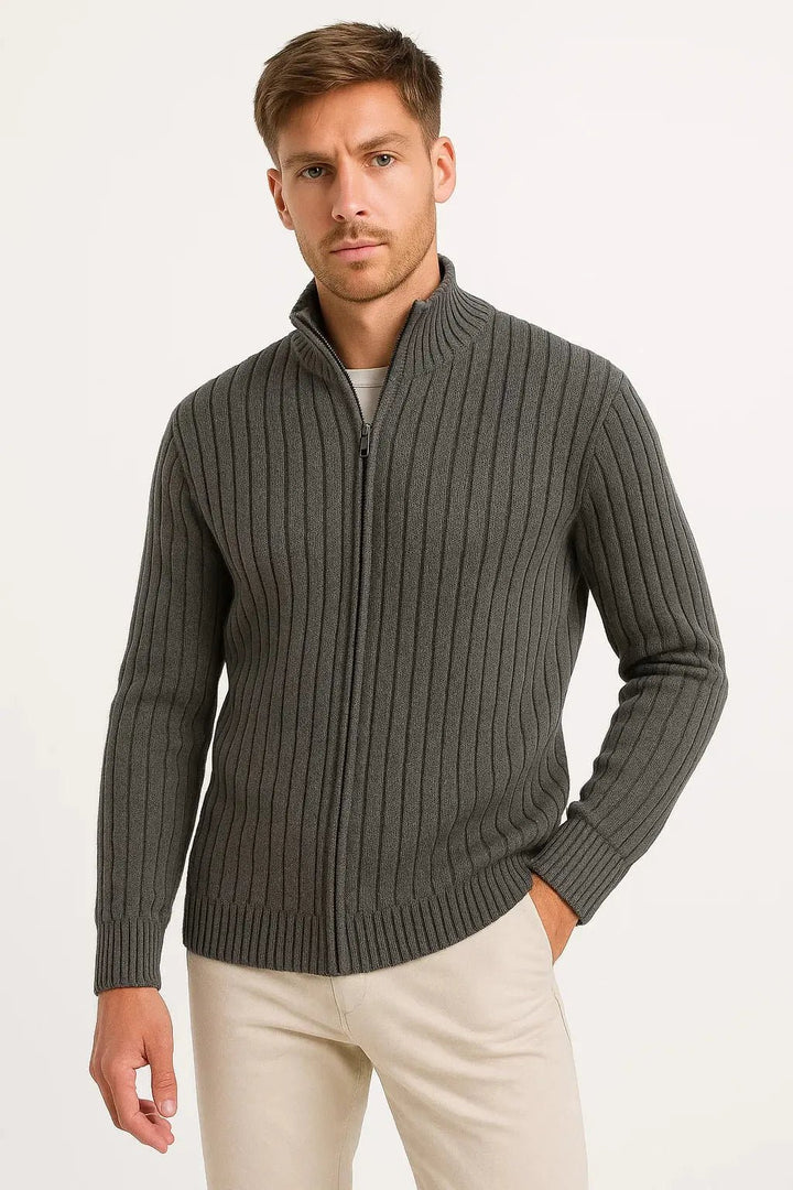 Men's Grey Ribbed Knit Cardigan | Zip Collar Lightweight Layer Detail