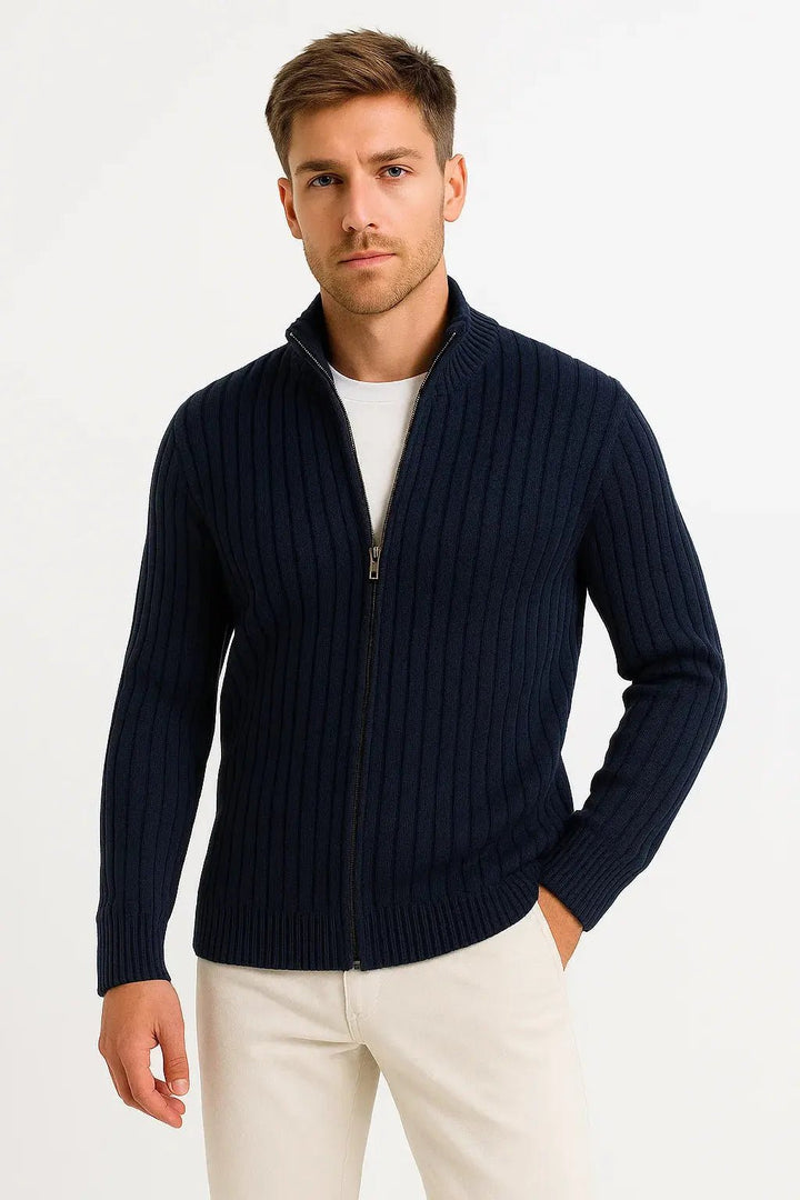 Men's Grey Ribbed Knit Cardigan | Zip Collar Lightweight Layer Front