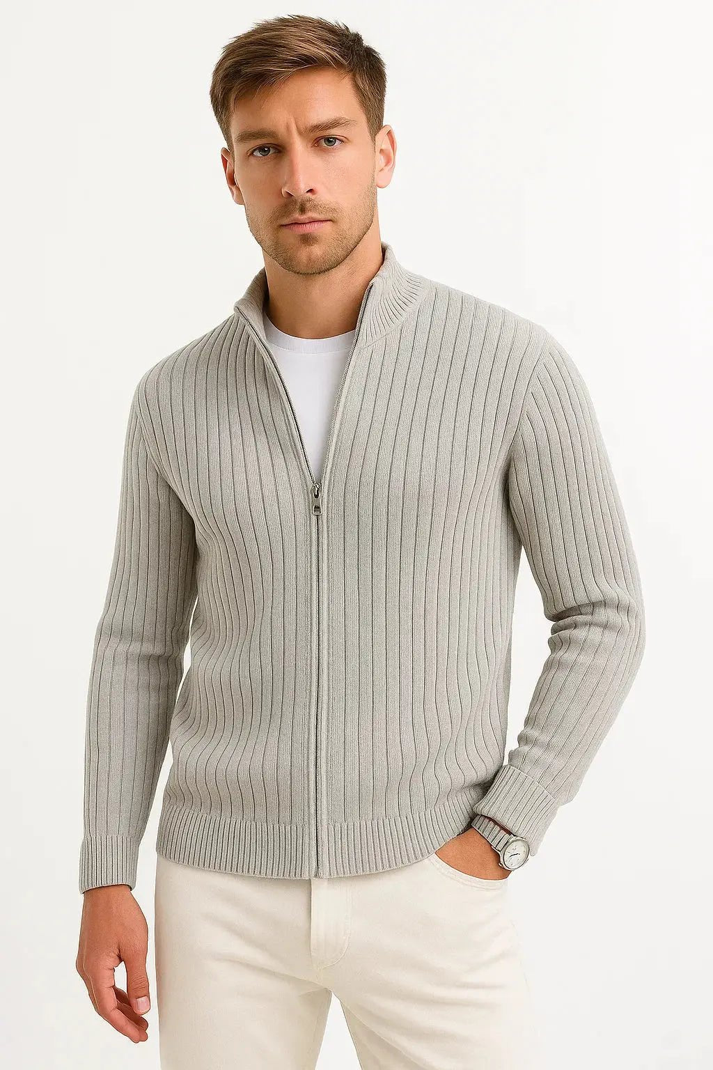 Men's Grey Ribbed Knit Cardigan | Zip Collar Lightweight Layer Hero