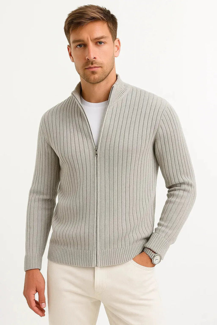 Men's Grey Ribbed Knit Cardigan | Zip Collar Lightweight Layer Hero