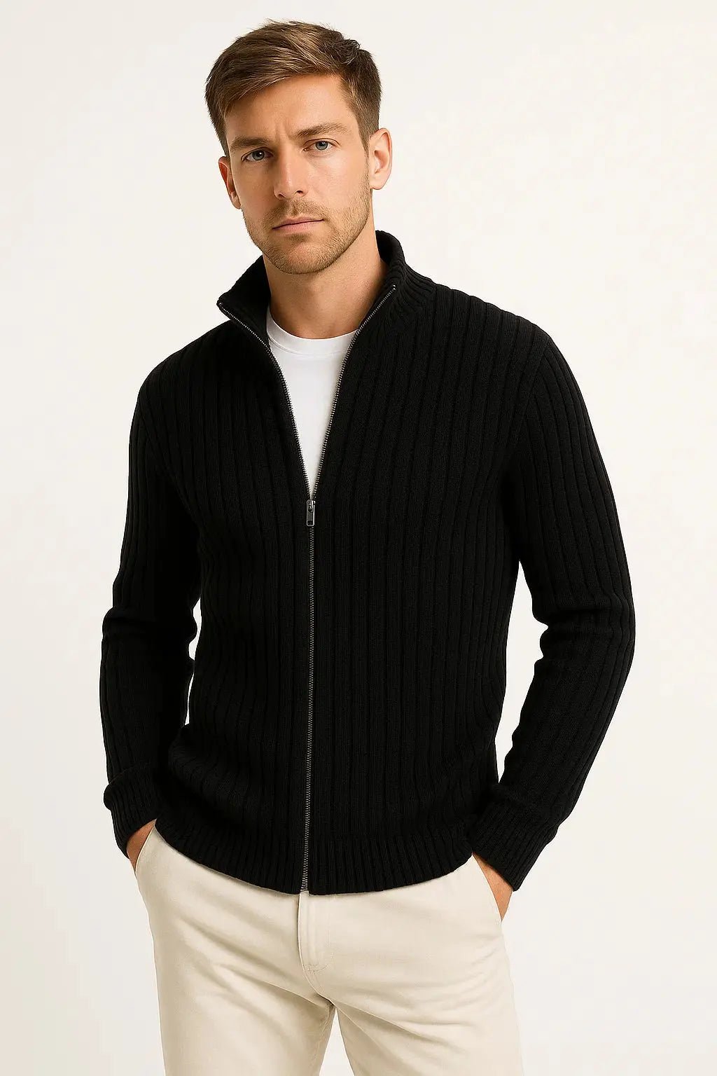 Men's Grey Ribbed Knit Cardigan | Zip Collar Lightweight Layer Side