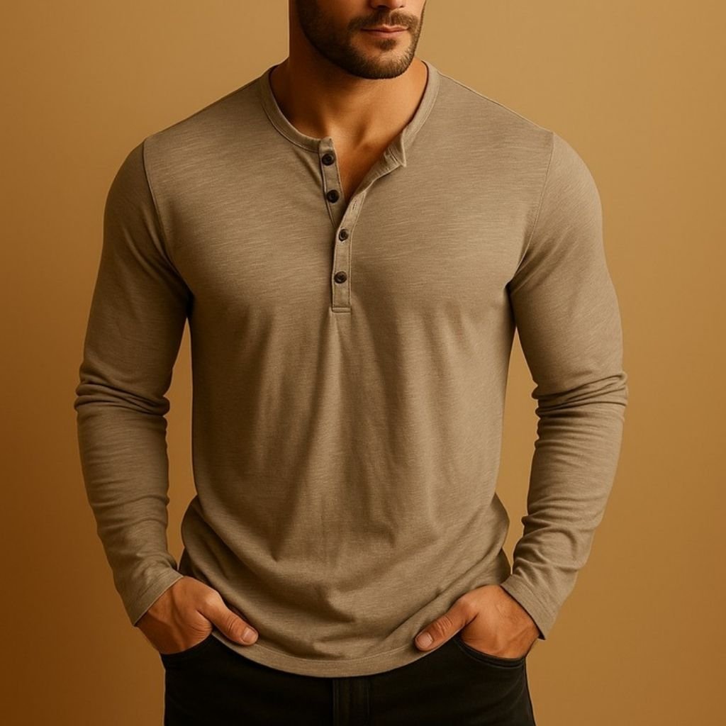 Men's Henley Long Sleeve Shirt | Slim Fit Button Placket Back