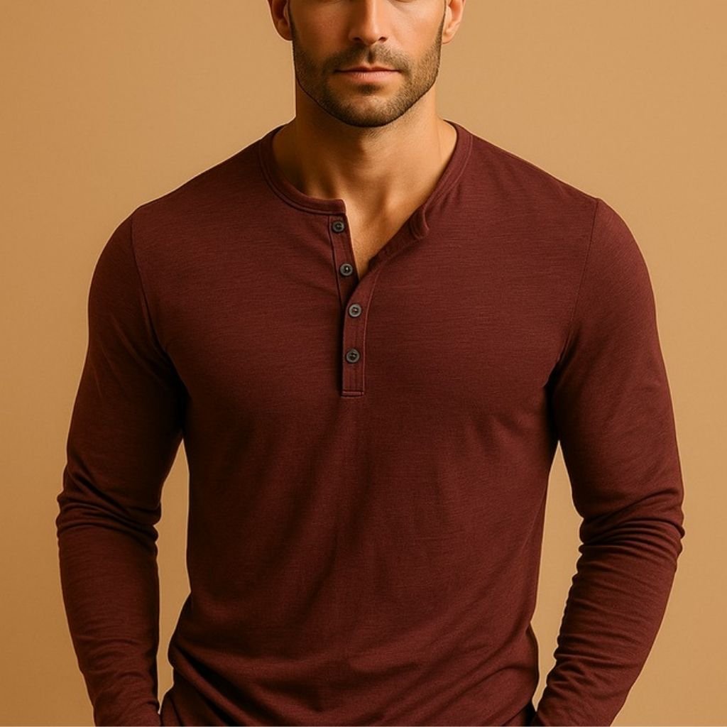 Men's Henley Long Sleeve Shirt | Slim Fit Button Placket Close Up