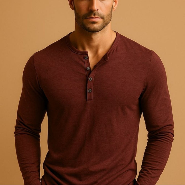 Men's Henley Long Sleeve Shirt | Slim Fit Button Placket Close Up