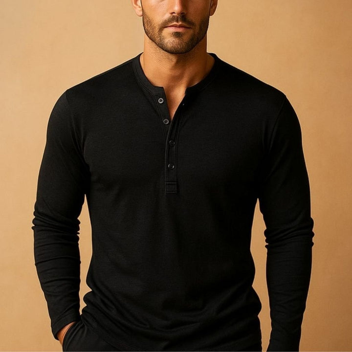 Men's Henley Long Sleeve Shirt | Slim Fit Button Placket Detail
