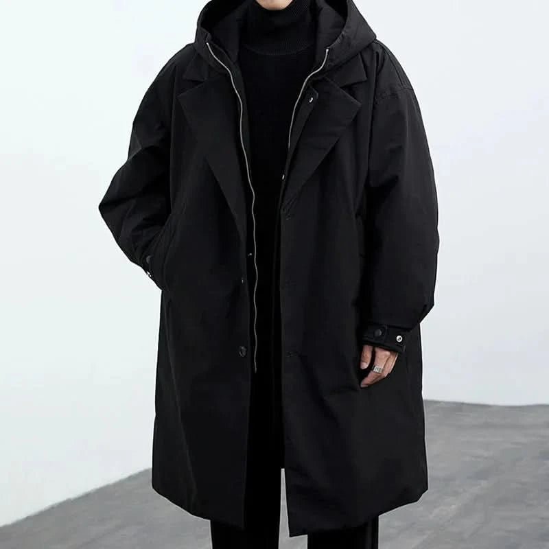 Men's Hooded Longline Overcoat | Slim Fit Water Resistant Angle