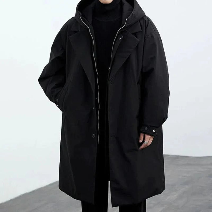 Men's Hooded Longline Overcoat | Slim Fit Water Resistant Angle