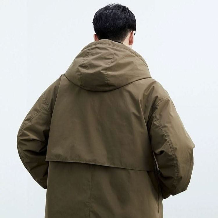 Men's Hooded Longline Overcoat | Slim Fit Water Resistant Back