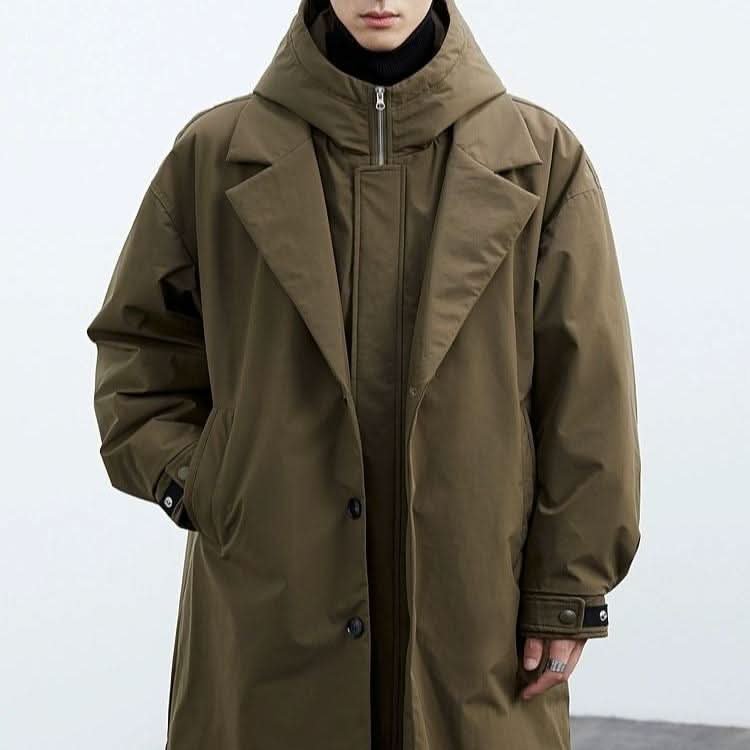 Men's Hooded Longline Overcoat | Slim Fit Water Resistant Close Up