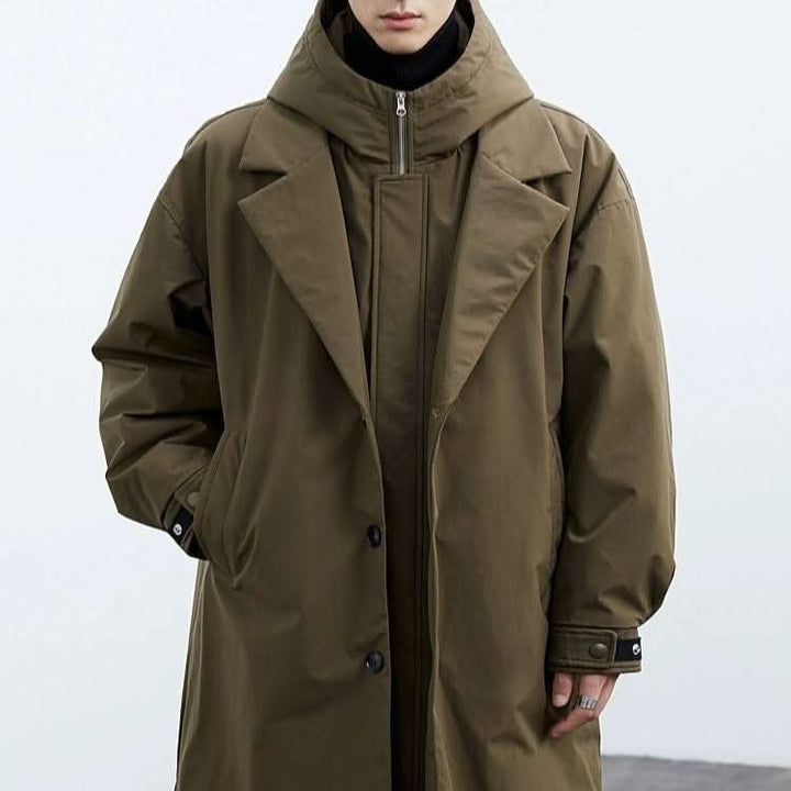 Men's Hooded Longline Overcoat | Slim Fit Water Resistant Close Up
