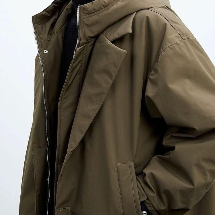 Men's Hooded Longline Overcoat | Slim Fit Water Resistant Detail