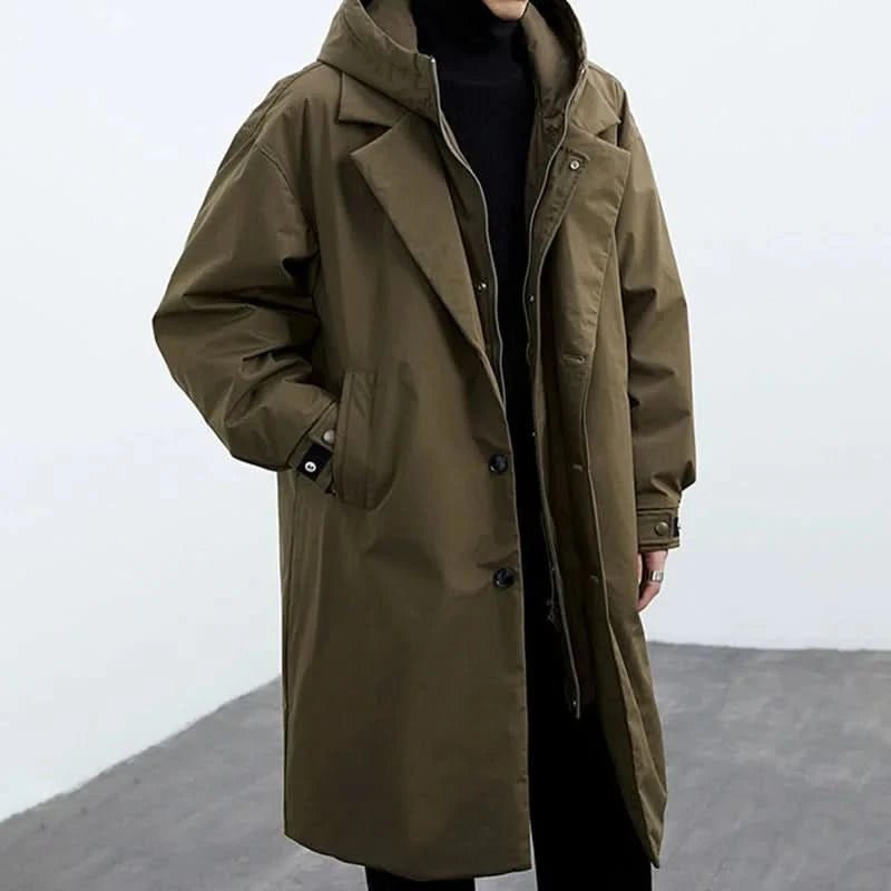 Men's Hooded Longline Overcoat | Slim Fit Water Resistant Front