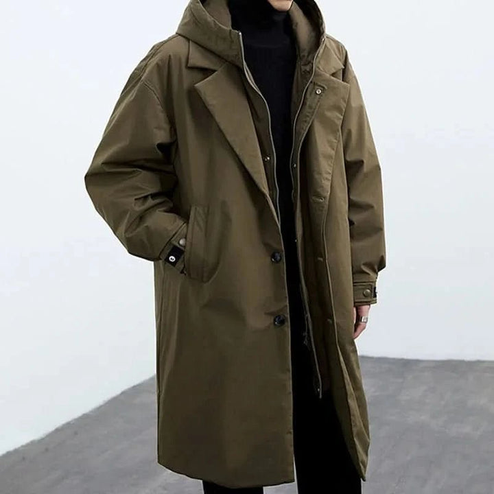 Men's Hooded Longline Overcoat | Slim Fit Water Resistant Front