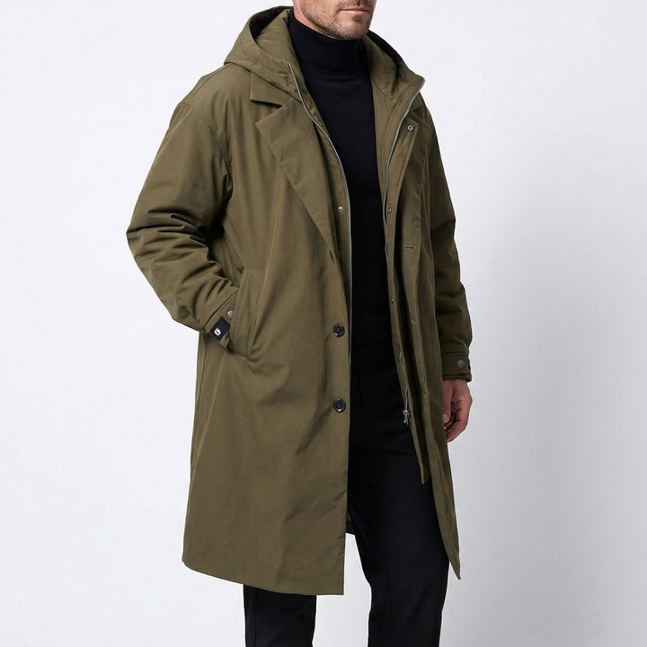 Men's Hooded Longline Overcoat | Slim Fit Water Resistant Hero