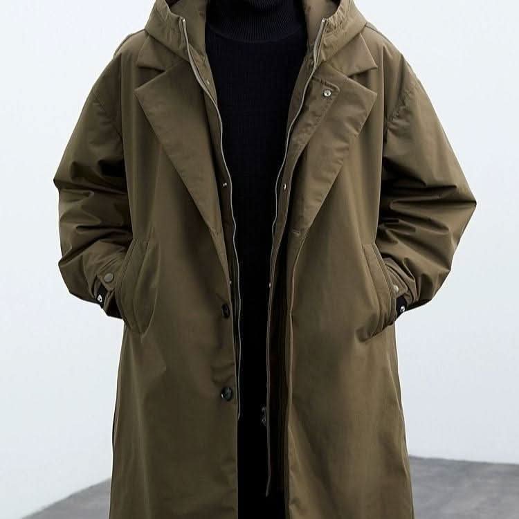 Men's Hooded Longline Overcoat | Slim Fit Water Resistant Side