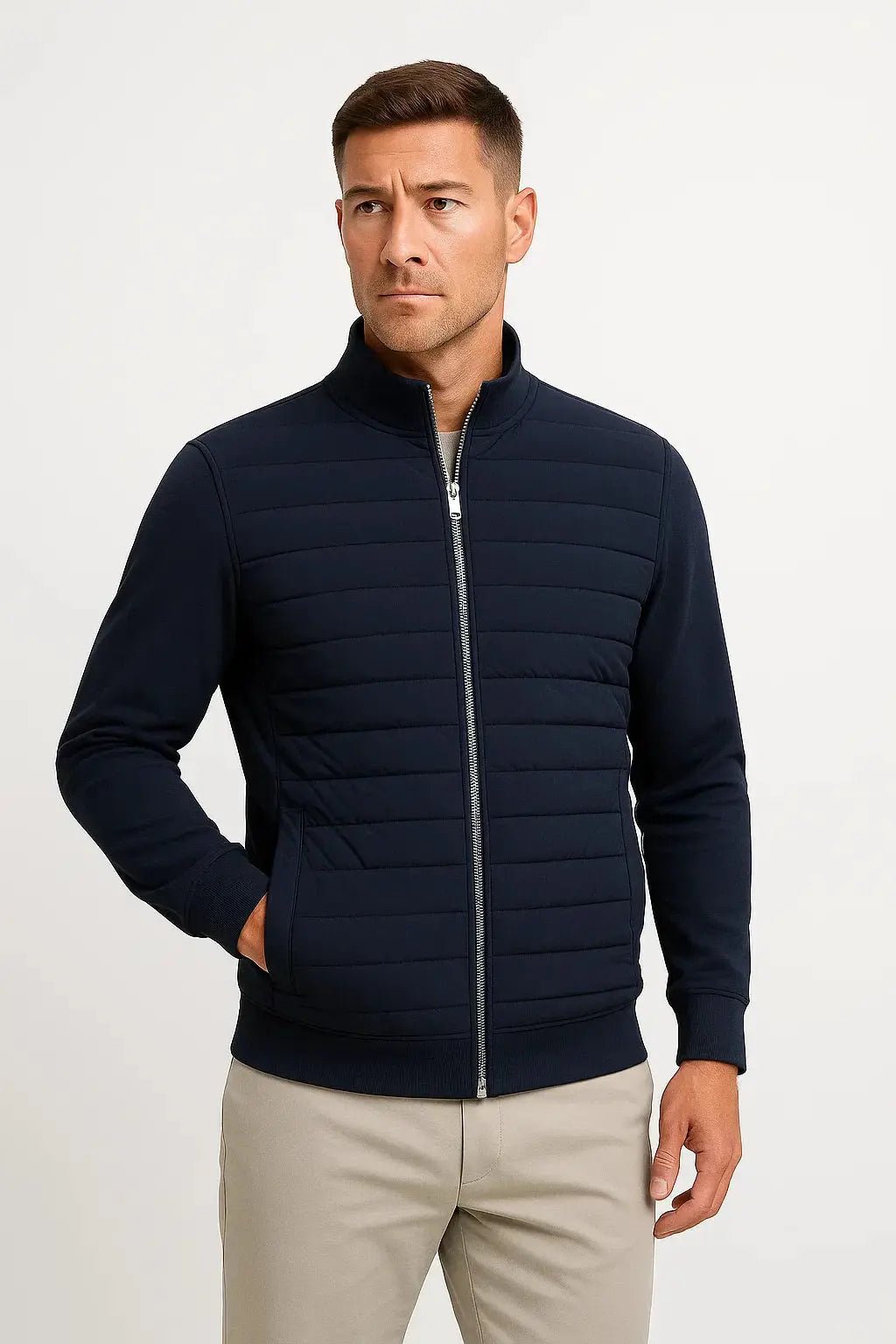 Men's Hybrid Quilted Jacket | Knitted Sleeves Transitional Fit Side