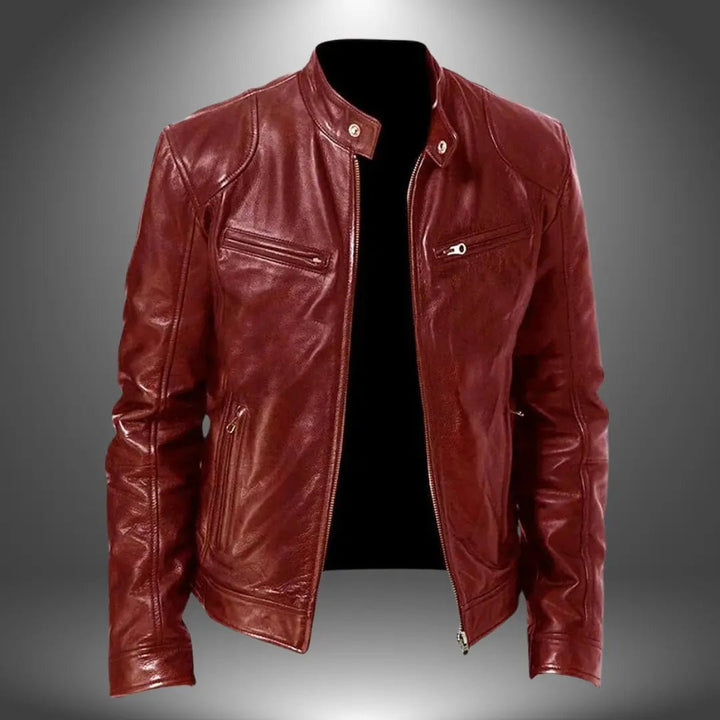 Men's Leather Biker Jacket | Zip Up with Stand Collar Back