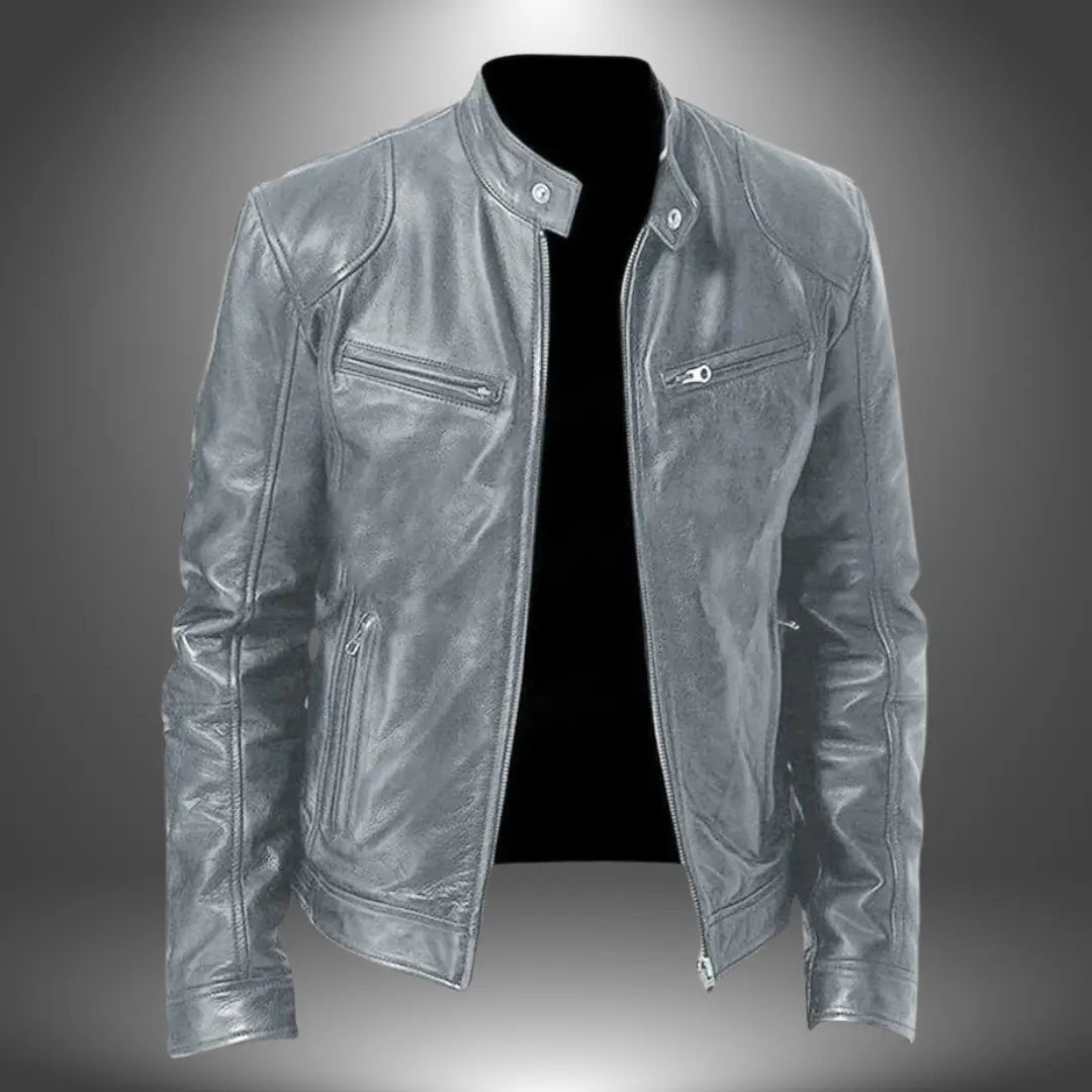 Men's Leather Biker Jacket | Zip Up with Stand Collar Close Up