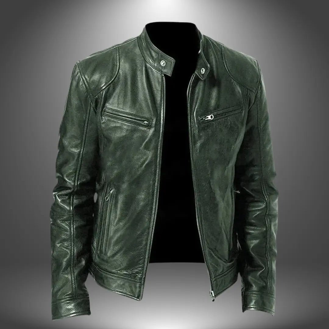 Men's Leather Biker Jacket | Zip Up with Stand Collar Detail