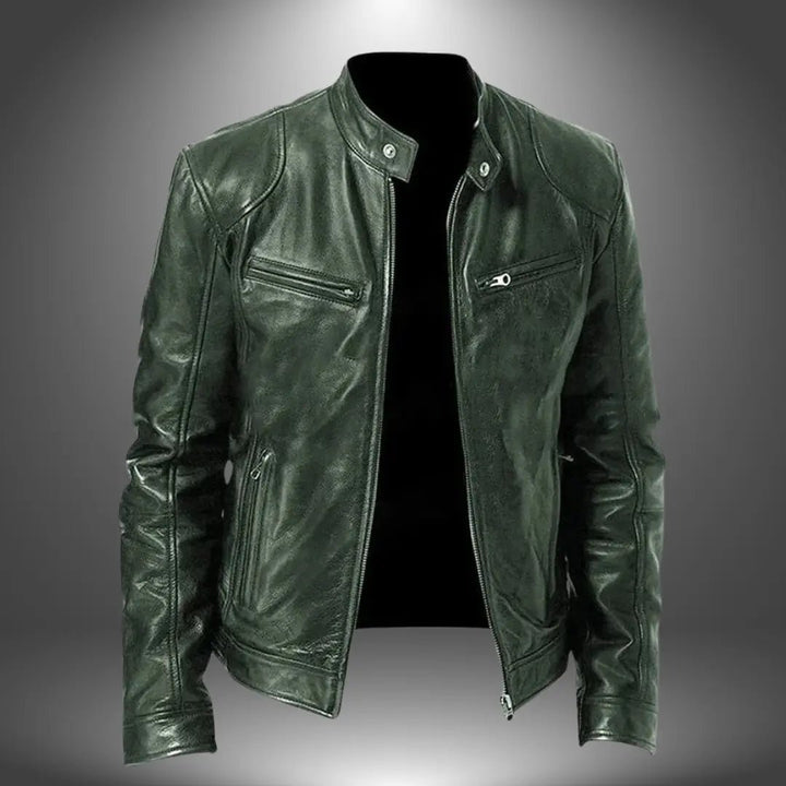 Men's Leather Biker Jacket | Zip Up with Stand Collar Detail
