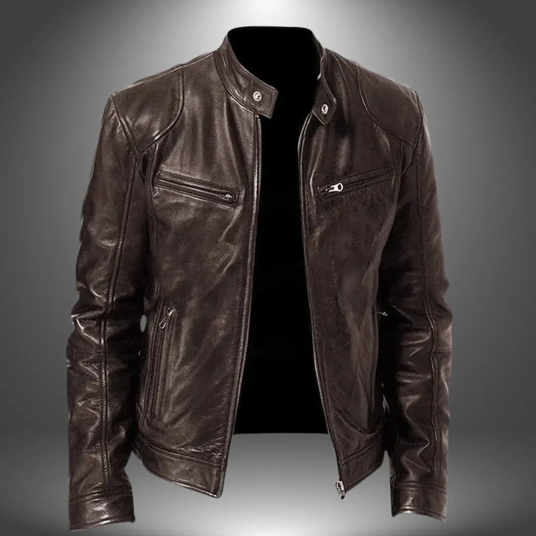 Men's Leather Biker Jacket | Zip Up with Stand Collar Front