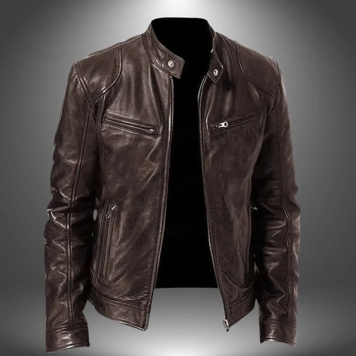Men's Leather Biker Jacket | Zip Up with Stand Collar Front