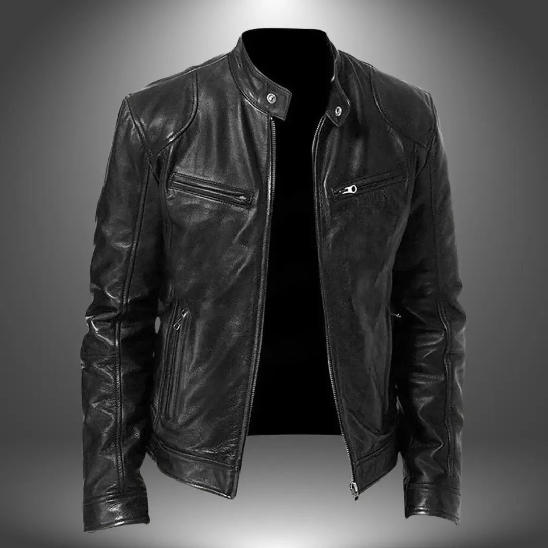 Men's Leather Biker Jacket | Zip Up with Stand Collar Hero