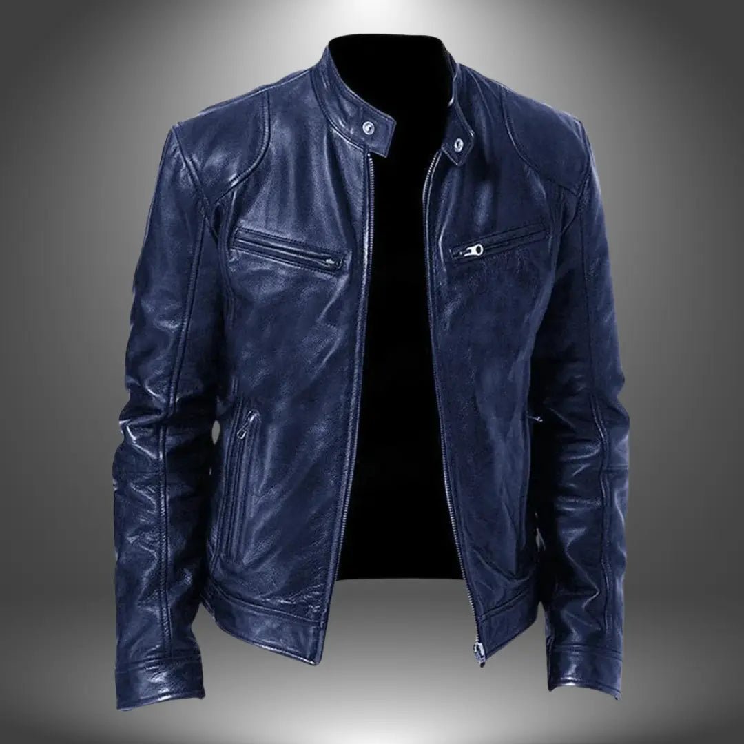 Men's Leather Biker Jacket | Zip Up with Stand Collar Side
