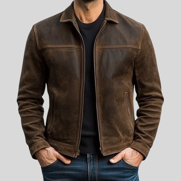 Men's Leather Jacket | Spread Collar Everyday Layering Fit Front