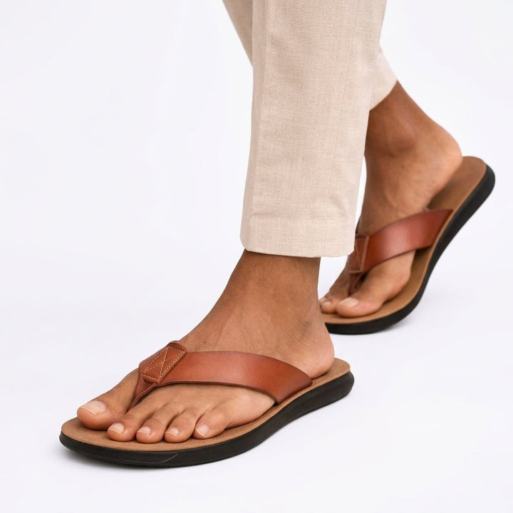 Men's Leather Toe Post Sandals with Cushioned Sole Detail