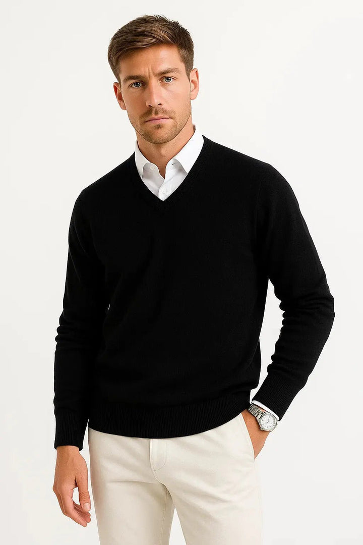 Men's Lightweight V-Neck Knit Sweater | Ribbed Slim Fit Pull Back