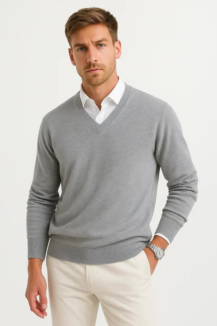 Men's Lightweight V-Neck Knit Sweater | Ribbed Slim Fit Pull Close Up