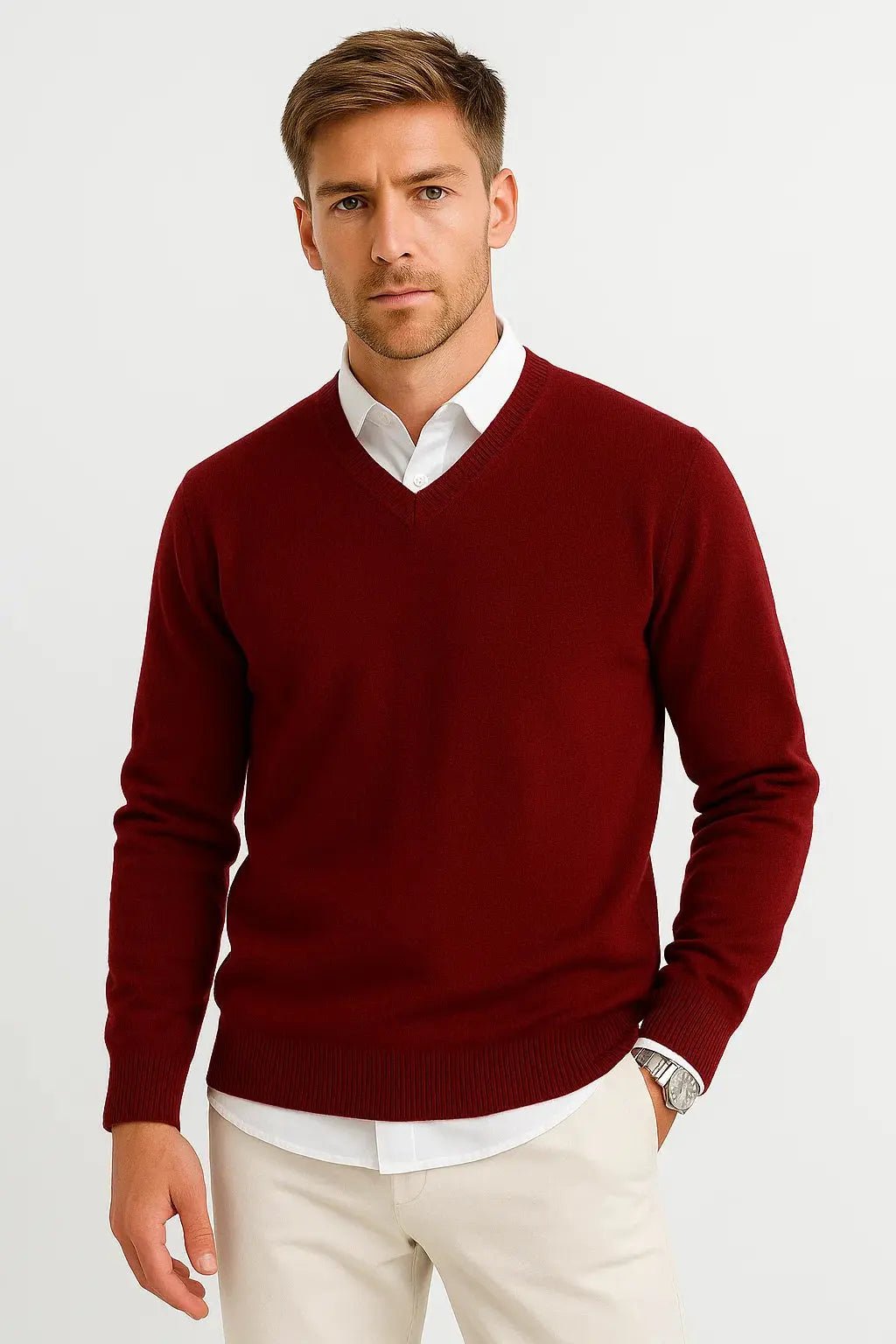 Men's Lightweight V-Neck Knit Sweater | Ribbed Slim Fit Pull Detail