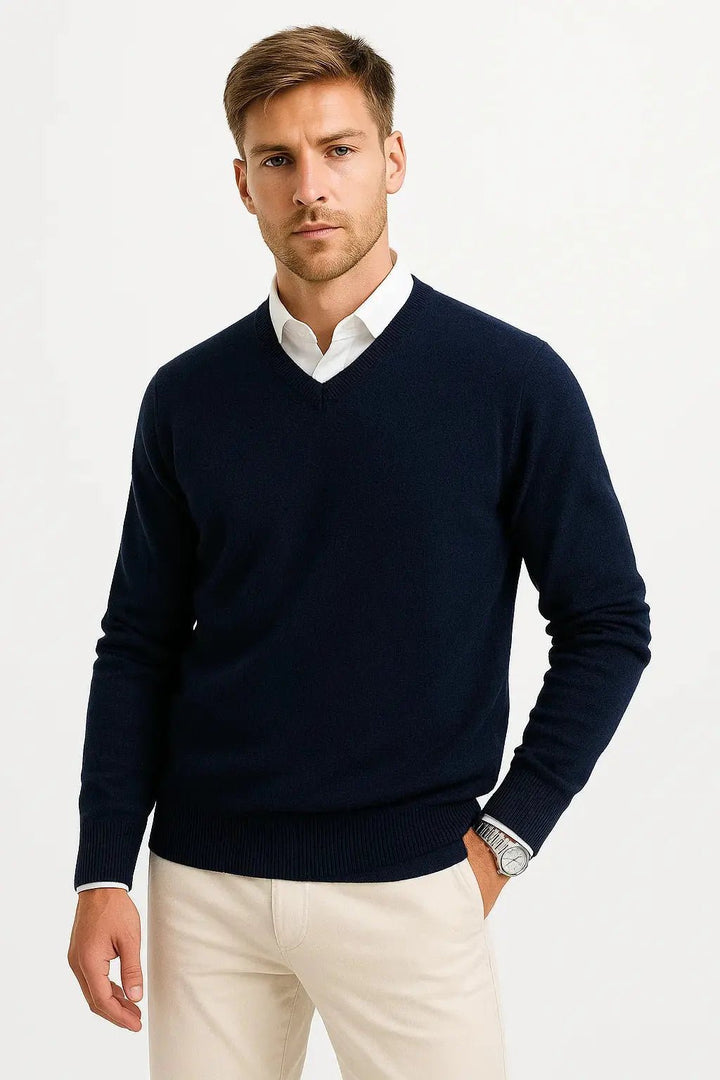 Men's Lightweight V-Neck Knit Sweater | Ribbed Slim Fit Pull Side