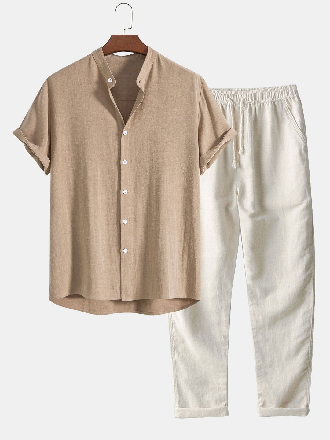 Men's Linen Band Collar Co-Ord | Matching Trousers Set Detail