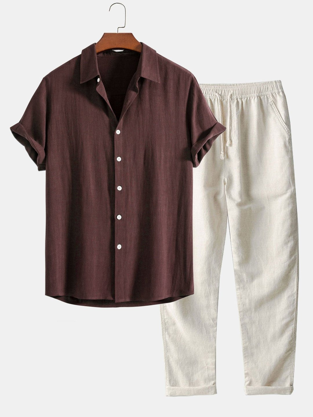 Men's Linen Band Collar Co-Ord | Matching Trousers Set Front