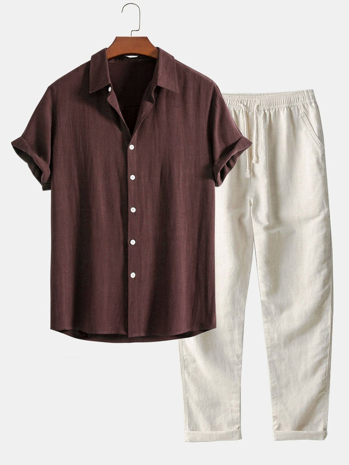 Men's Linen Band Collar Co-Ord | Matching Trousers Set Front