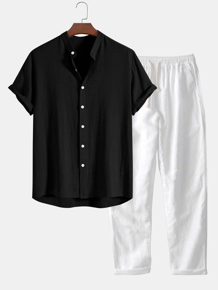 Men's Linen Band Collar Co-Ord | Matching Trousers Set Side