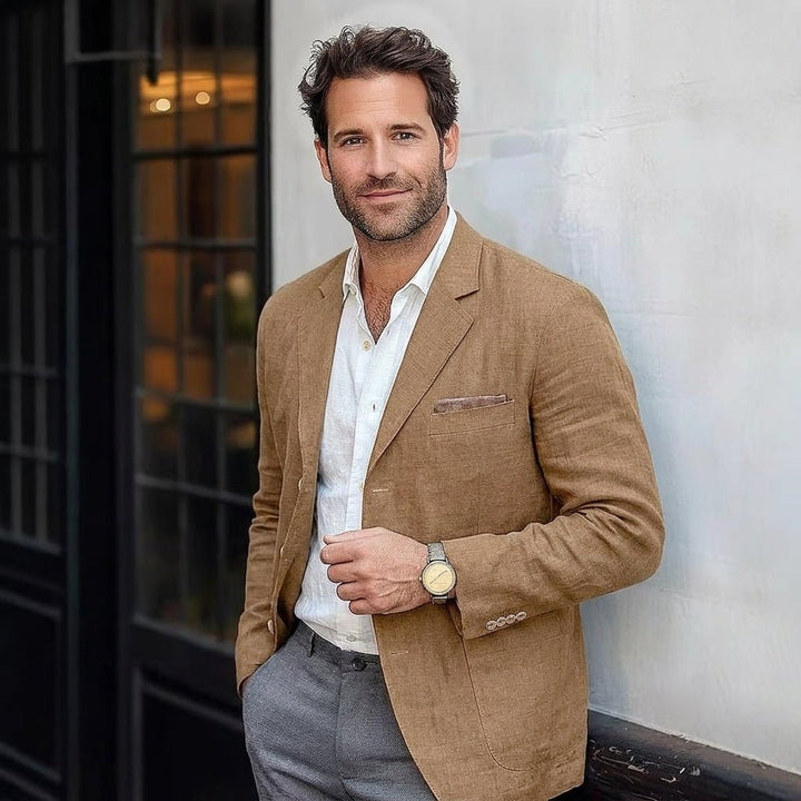 Men's Linen Blend Blazer | Notch Lapel Relaxed Fit Front