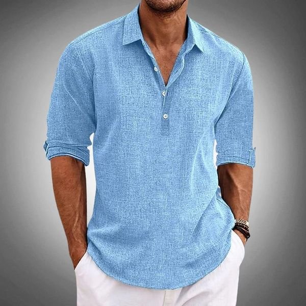 Men's Linen Polo Shirt | Henley Placket Airy Fit Front